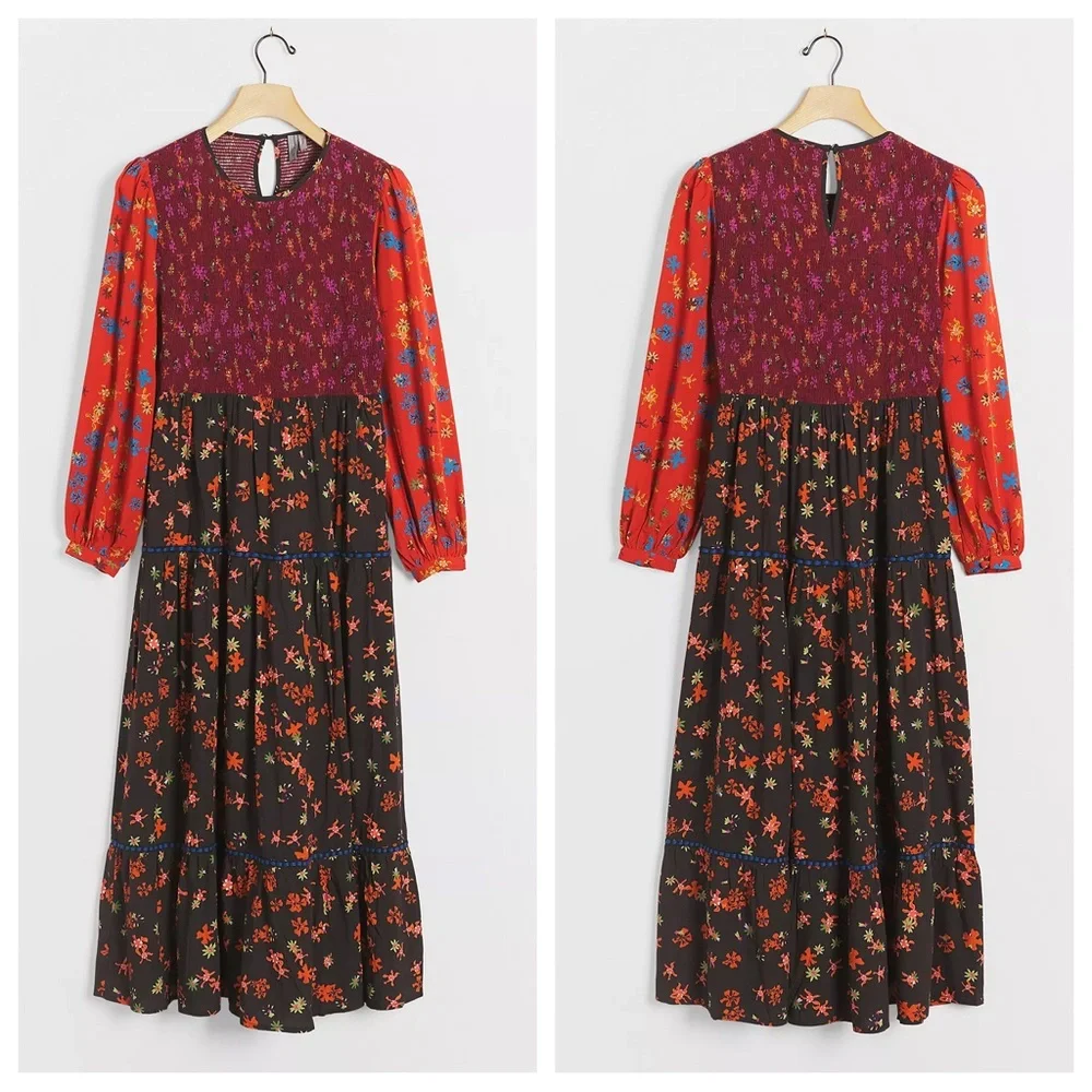 Anthropologie Bl-nk Brittany Floral Smocked Maxi Dress Sz XS Z526-40
